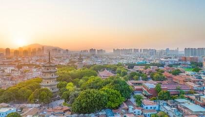 Aerial photography of the East and West Twin Towers of Kaiyuan Temple and West Street of Quanzhou City, Quanzhou City, Fujian Province, China