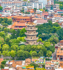 Aerial photography of the East and West Twin Towers of Kaiyuan Temple and West Street of Quanzhou City, Quanzhou City, Fujian Province, China