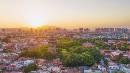 Fototapeta premium Aerial photography of the East and West Twin Towers of Kaiyuan Temple and West Street of Quanzhou City, Quanzhou City, Fujian Province, China