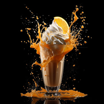 A orange milkshake with splashing liquid and orange in a dark background 3