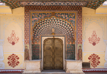 The Southwest Lotus Gate, dedicated to Shiva and Parvati, represents the summer season at The City Palace, Pink City, Jaipur,  Rajasthan, india - obrazy, fototapety, plakaty