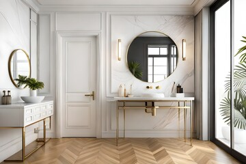 An elegant white washbasin stands on a white shelf. A round mirror hangs above it. White marble bathroom interior. 3d render mock up. Bathroom interior