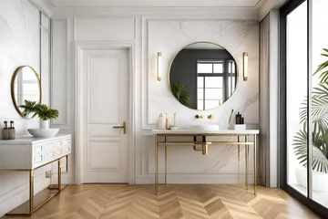 Deurstickers An elegant white washbasin stands on a white shelf. A round mirror hangs above it. White marble bathroom interior. 3d render mock up. Bathroom interior © Nyetock