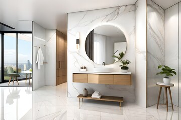 An elegant white washbasin stands on a white shelf. A round mirror hangs above it. White marble bathroom interior. Modern bathroom interior - obrazy, fototapety, plakaty