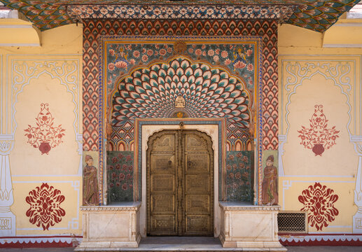 The Southwest Lotus Gate, dedicated to Shiva and Parvati, represents the summer season at The City Palace, Pink City, Jaipur,  Rajasthan, india