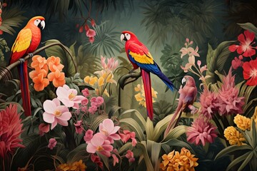 Classic tropical jungle with palm trees, vibrant parrots and exotic birds. Generative AI