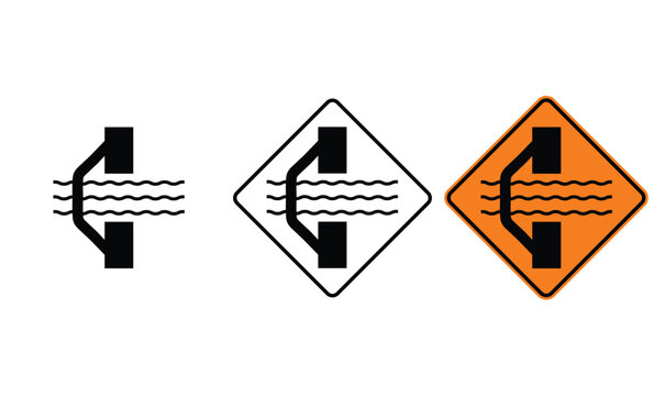 icon Bridge out ahead on left sign  warning sign design for yellow background and black and white background
