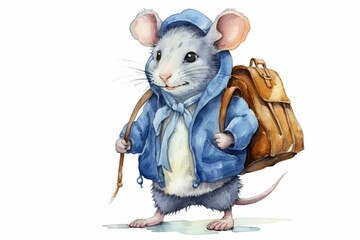 Watercolor cartoon characters of grey rat with clothes and blue bag, isolated on white background. Suitable for stickers, decoration, patterns, scrapbooks, and cards. Generative AI