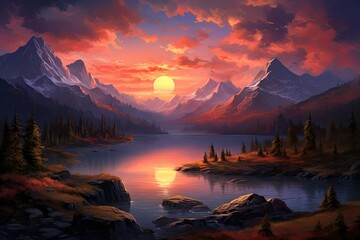 Fototapeta na wymiar sunset over mountains and lake