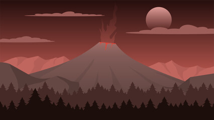Vector illustration of volcano with smoke eruption. Volcano landscape in the night. Volcanic landscape for background, wallpaper, or landing page. Landscape nature illustration with gradient style © Moleng24