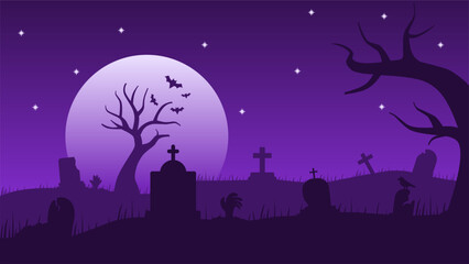 Vector illustration of cemetery for Halloween event. Cemetery landscape for Halloween celebration. Halloween landscape for background, wallpaper, or landing page. Trick or treat illustration