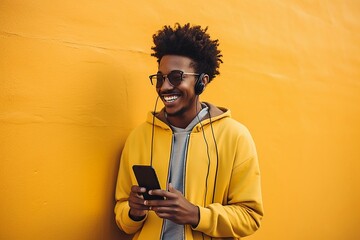 A happy, smiling, cool Gen Z young African American ethnic stylish hipster guy model stands against a yellow city urban wall while using a cell phone mobile device. He looks at the smartphone