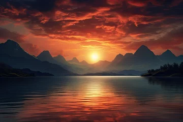 Gordijnen sunset over mountains and lake © PinkiePie