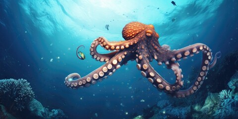 a octopus swimming under water, generative AI - obrazy, fototapety, plakaty