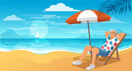Fototapeta na wymiar Feelancer working and rilaxing on the beach. Business Man Remote Work Place. Businessman at the beach. destination for summer travel holidays concept.