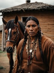 Obraz premium native american with brown horse, with native american house background