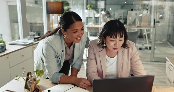 Business woman, laptop and coaching in teamwork, planning or project together at office. Female person, mentor or manager training staff or intern on computer or email and online tasks at workplace