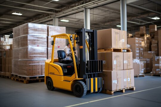 Forklift loading goods to truck. Generative AI