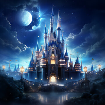 "Cinderella Castle at Disneyland: Hyper-Detailed 2D Game Art, Realistic UHD Image with Dark Cyan & Gold Accents