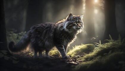 Wildlife photography landscape photography 80mm tree shadows and sunbeams superimposed on a gorgeous graceful elegant wild forest cat hunting fluffy fur texture realistic ultra HD rich vibrant  - obrazy, fototapety, plakaty