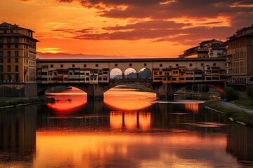 The iconic bridge in Florence during sunset. Generative AI