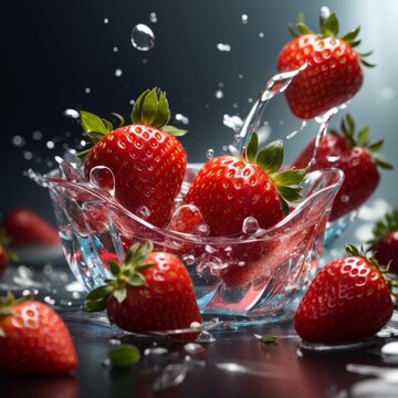 AI generated images of juicy fresh strawberries falling into moving water
