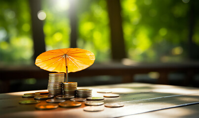 yellow umbrella shielding coins on a table under natural light