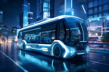 an electronic bus riding futuristic city
