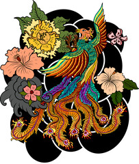 Obraz premium Phoenix Fire Bird with Peony Flower and Rose on Cloud and Wave Background.Hand Drawn Japanese Tattoo Style
