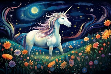 Obraz na płótnie Canvas A unicorn amidst a flowery field, with a forest backdrop, beneath a starlit sky and a full moon. Generative AI