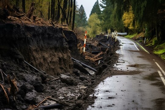 Road blocked by land slip with trees and mud after heavy rainfall in New Zealand. Warning signs. National emergency. Climate change. Generative AI