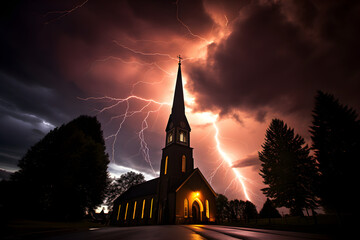 lightning striking near church in the night - Powered by Adobe