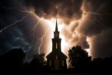 lightning striking near church in the night