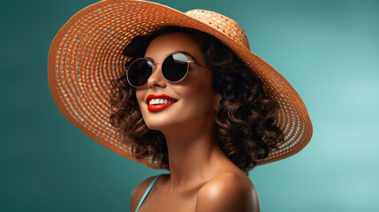 Hispanic woman in a retro polka dot bikini,  oversized sunglasses,  and a sun hat