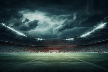 empty stadium, lit from pitch, cloudy sky. Generative AI