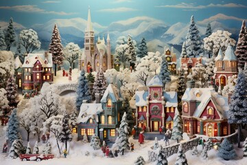 Vintage Christmas village in snowy landscape. Generative AI