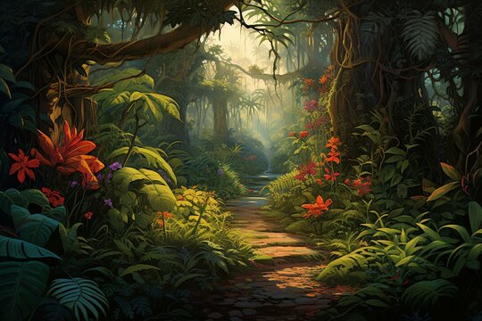 A painting of a jungle with a path through the trees and plants. Generative AI