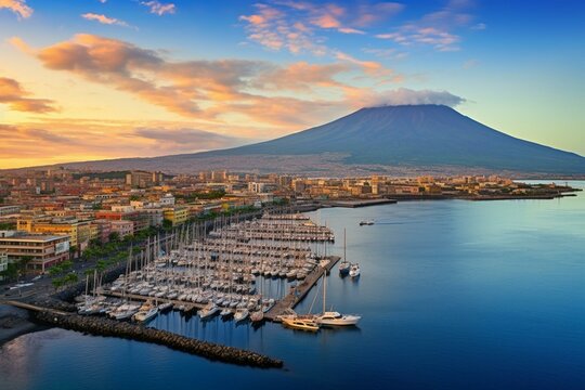 Aerial View Of Harbor And Mt. Vesuvius At Dawn In Naples, Italy. Generative AI