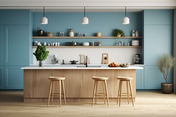 Blue and wooden Scandinavian kitchen with island, stools, decors, parquet floor, Japandi interior design. Generative AI