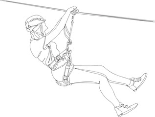 Woman on Zip Line: Cartoon Doodle Illustration, Rope Slide Ride: Woman Crossing a Cliff on Zip Line, Zip Line Rope Concept: Cartoon Banner Illustration