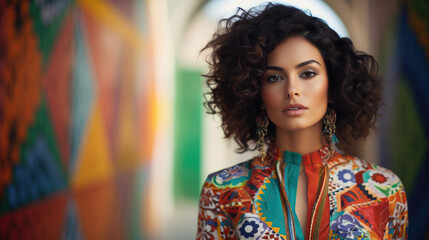 Hispanic woman standing out in a vibrant patterned jumpsuit and statement accessories