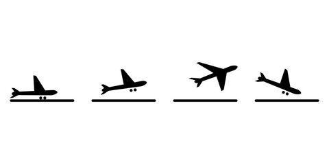 Black airplane take off and landing on airport runway icon flat vector design - obrazy, fototapety, plakaty