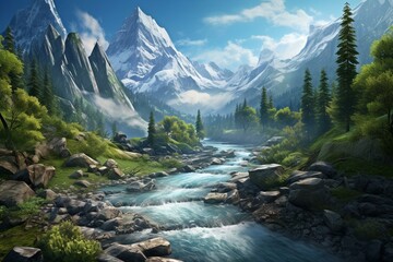 View of river in the forest with mountain as scenic landscape. Generative AI