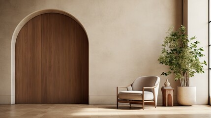 a lounge chair in a white and wood space, in the style of textured canvas, architectural vignettes, earth tone color palette, arched doorways, - obrazy, fototapety, plakaty