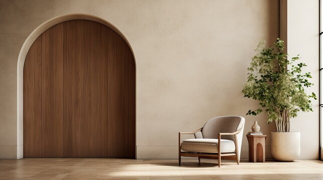Fototapeta a lounge chair in a white and wood space, in the style of textured canvas, architectural vignettes, earth tone color palette, arched doorways,