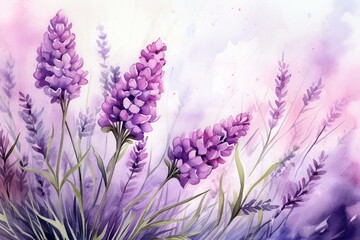 Background with lavender flower blossoms in watercolor. Generative AI
