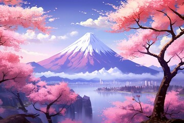 Scenic Japanese anime wallpaper showcasing lovely pink cherry trees and Mt. Fuji. Generative AI - obrazy, fototapety, plakaty
