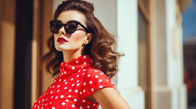 Caucasian woman embracing a retro vibe with a polka dot dress,  cat-eye sunglasses,  and heels