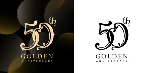 50 Years golden Anniversary Celebration Logo with Gold and Black colors isolated backgrounds for wedding invitation card, User interface and experience designs, event stationery, Branding and identity