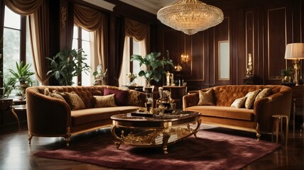 Modern living room interior design with abundant natural light streaming through large windows - Generative AI
